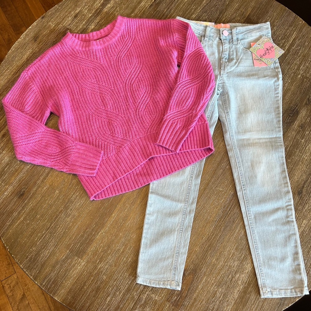 Girls 7 Outfit Epic Threads Pink Cable Knit Sweater FreeStyle Skinny Jeans NWT